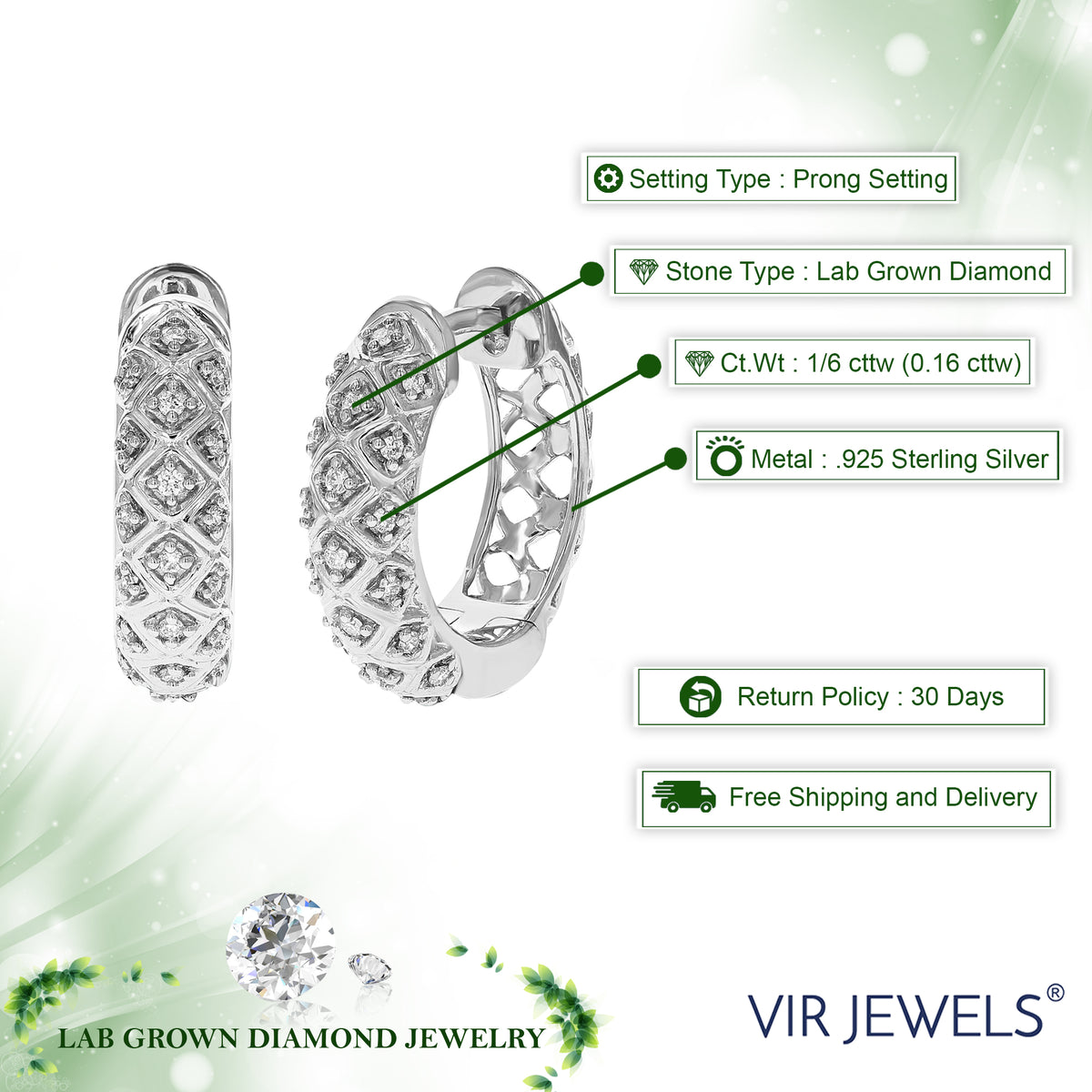 1/6 CTTW Lab Grown Diamond Hoop Earrings 925 Sterling Silver K9684