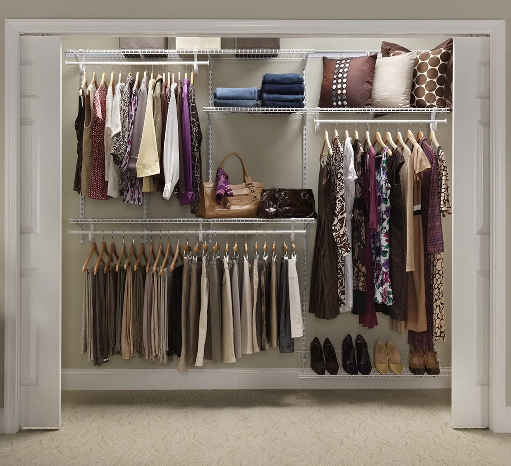White Steel Wire Closet Organizer System with Shelves and Clothes Rods P1841