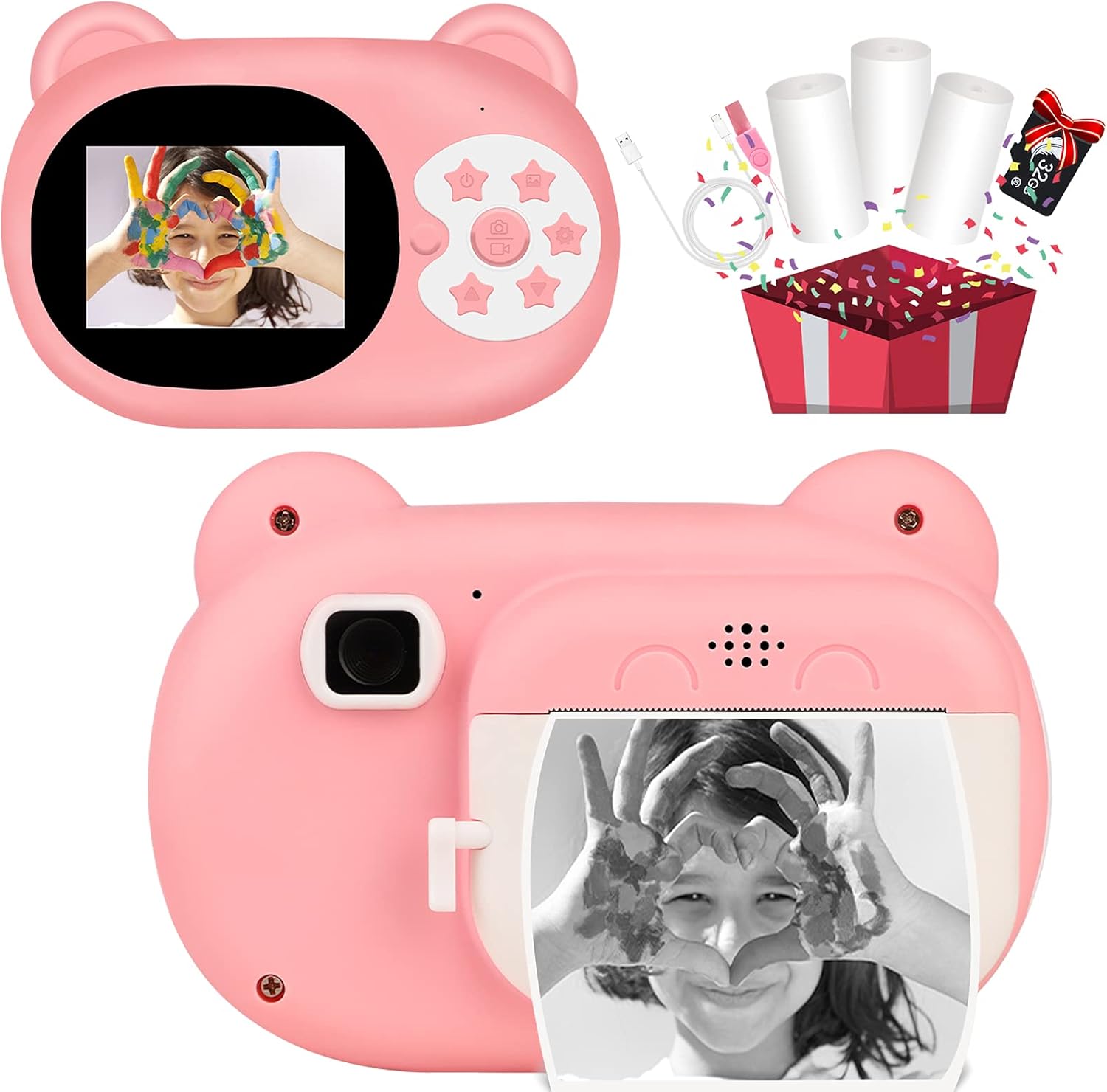 Pink Zero Ink Kids Digital Camera with 3 Rolls Print Paper 32GB SD Card Q376655