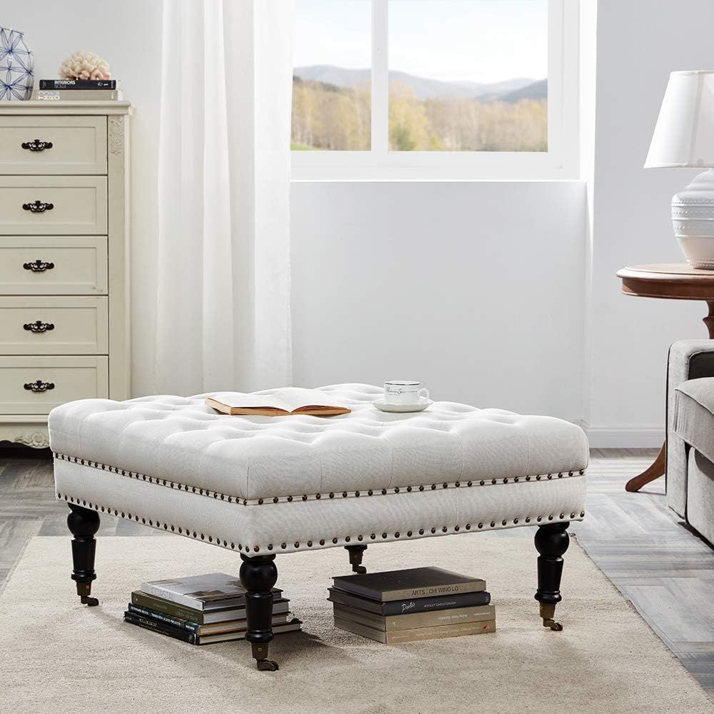 Gray Linen Ottoman with Caster Wheels T180016